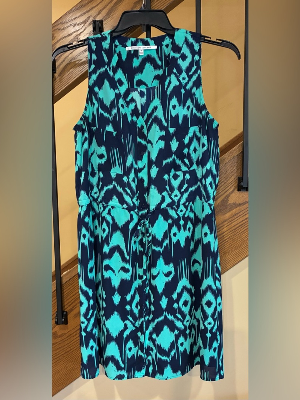 Collective Concepts Sleeveless Teal and Navy Ikat Drawstring Dress